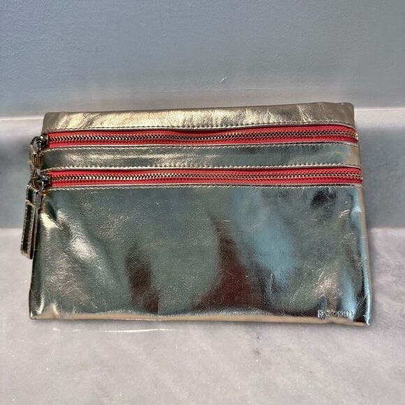 Ipsy Gold Metallic Two Zippered Pocket Cosmetic Makeup Bag with Orange Trim - Picture 1 of 2
